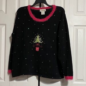 Mandal Bay Christmas Tree & sequin Sweater black & Fuzzy Pink Trim Size XXL